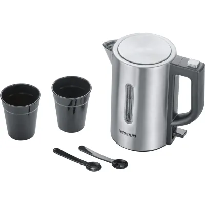 SEVERIN Reise-Wasserkocher WK 3647 | Mini Wasserkocher 0,5l Edelstahl | 1100W | 115/230V | inkl. 2 Tassen