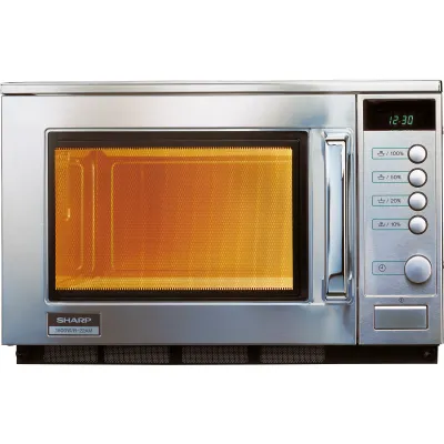 SHARP Gastro-Mikrowelle R-22AM | 1500W | 20L Edelstahl | 4 Leistungsstufen | Keramikboden | Profi Standgerät