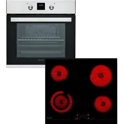 Sharp Einbau-Herdset K-60D19IM1-EU+KH-6V08FT00-EU | Glaskeramik-Kochfeld | 4 Kochzonen | Edelstahl | A | Timer