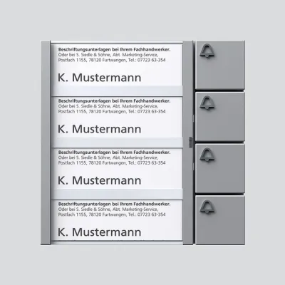 Siedle Bus-Tastenmodul BTM 650-04 SM | 4 Klingeltasten | Namensschilder | IP54 | Auf-/Unterputz | 99x99x27mm | Silber