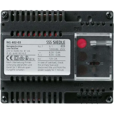 Siedle Netzgleichrichter NG 402-03 | 230V Eingang | 8,3V DC Ausgang | Mehrdraht-System | DIN-Schiene | IP20 | Schwarz