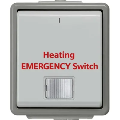 SIEMENS Heizungs-Notschalter 5TA4742 DELTA Fläche 2-polig | IP44 Aufputz | Kontroll-Lampe | grau/dunkelgrau