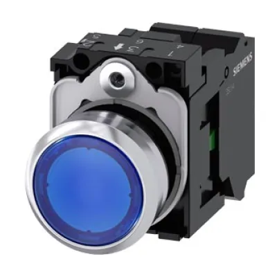 Siemens Drucktaster 3SU1152-0AB50-3BA0 | beleuchtet | 22mm | Pilzknopf | blau | Metall Frontring | IP67 | 24V