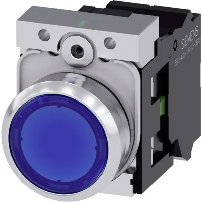 Siemens Drucktaster 3SU1152-0AB50-3BA0 | beleuchtet | 22mm | Pilzknopf | blau | Metall Frontring | IP67 | 24V