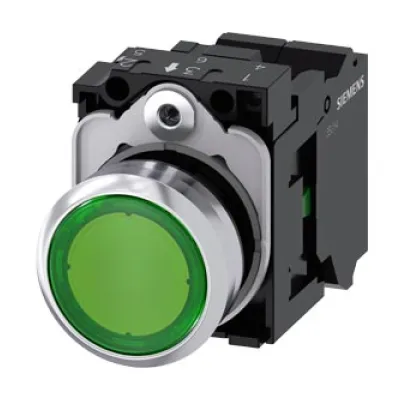Siemens Drucktaster 3SU1152-0AB40-3BA0 | beleuchtet 22mm rund | flach | LED 24V | 1 Schließer | IP67/IP69K | grün