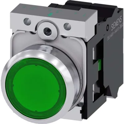 Siemens Drucktaster 3SU1152-0AB40-3BA0 | beleuchtet 22mm rund | flach | LED 24V | 1 Schließer | IP67/IP69K | grün