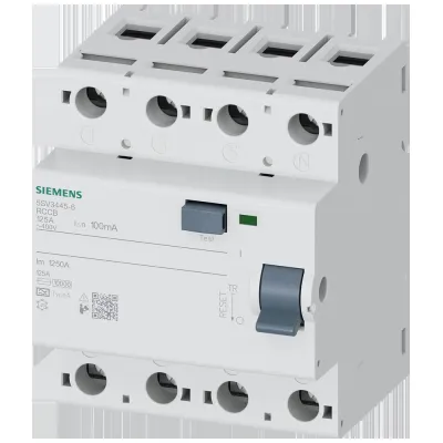Siemens FI-Schutzschalter 5SV3445-6 | 4-polig Typ A | 125A 100mA | 400V AC | für DIN-Schiene | IP20 | grau