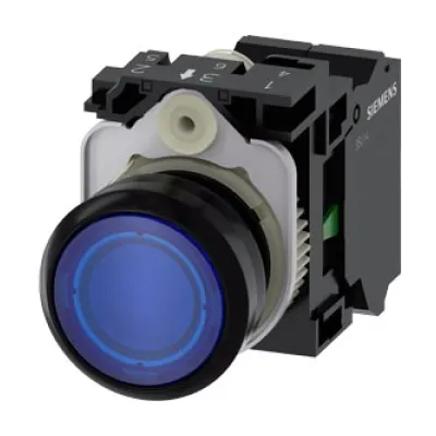 Siemens Drucktaster 3SU1102-0AB50-3BA0 | beleuchtet | 22mm rund | flach | IP67/IP69K | 24V AC/DC | blau