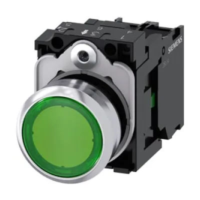Siemens Drucktaster 3SU1152-0AB40-1BA0 | beleuchtet | 22mm rund | Metall Chrom | 24V AC/DC | IP67K | 1 Schließer | grün