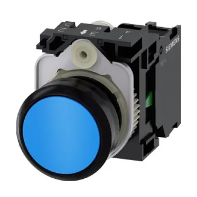 Siemens Drucktaster 3SU1100-0AB50-1BA0 | 22mm | rund | Kunststoff | Pilzknopf | tastend | IP67K | 1 Schließer | blau