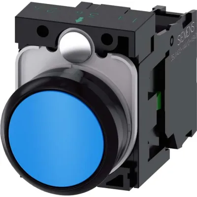 Siemens Drucktaster 3SU1100-0AB50-1BA0 | 22mm | rund | Kunststoff | Pilzknopf | tastend | IP67K | 1 Schließer | blau