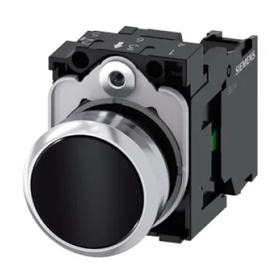 Siemens Drucktaster 3SU1150-0AB10-1BA0 | 22mm rund | Metall hochglanz | schwarz | IP67K | tastend | 1 Schließer