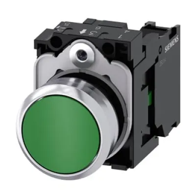 Siemens Drucktaster 3SU1150-0AB40-1BA0 | 22 mm rund | Metall Frontring chrom | IP67K | grün | tastend | 1 Schließer