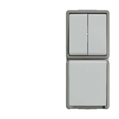 Siemens Serienschalter-Steckdosen-Kombi | 5TA4815 | AP | IP44 | SCHUKO Klappdeckel | 10A 250V | 1-fach | grau