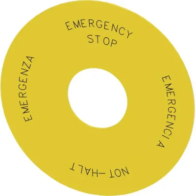 Siemens Unterlegschild rund 3SU1900-0BC31-0NB0 | Not-Halt Pilzdrucktaster | 75 mm | selbstklebend | gelb | 4-sprachig