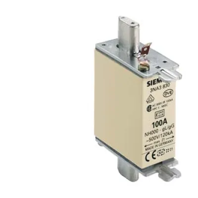 Siemens NH-Sicherungseinsatz 3NA3830 | NH000 | 100A | gG | 500V AC/250V DC | Stirnkennmelder | Grifflaschen