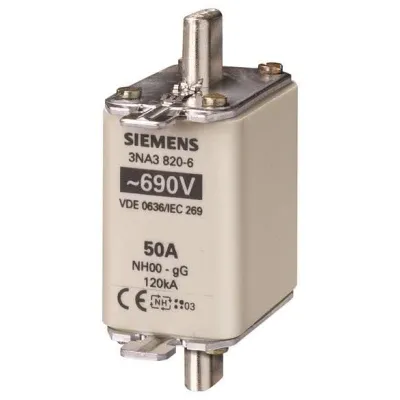 Siemens NH-Sicherungseinsatz 3NA3820-6 | NH00 50A | gG | 690V AC / 250V DC | Stirnkennmelder | spannungsführend