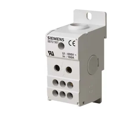 Siemens Verteilerblock 1-polig 5ST2507 | 160A | 690V | Eingang 1x 10–70 mm² | Ausgang 6x 2,5–16 mm² | Hutschiene | grau