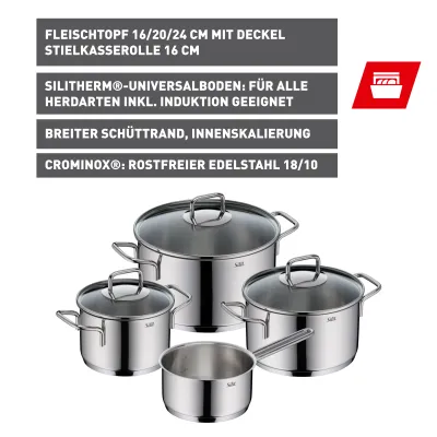 Silit Kochgeschirr-Set Extra Cook 2109306368 | 4-teilig | Edelstahl 18/10 | Induktion | Glasdeckel | Messskala | Silber