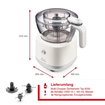 Solis Multi-Chopper 8330 | Zerkleinerer für Gemüse, Fleisch & Dips | 2 Behälter | Emulgierscheibe | BPA-frei | Weiß