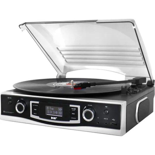 Soundmaster Plattenspieler PL590SW | DAB+ Radio | USB MP3 Aufnahme | 33/45/78 U/min | Stereo Lautsprecher | Schwarz