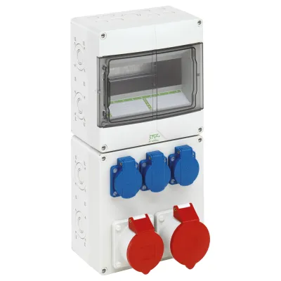 Spelsberg CEE-Steckdosen-Kombination STV 923-S | 1x16A 1x32A | 3x Schuko | IP44 | 9 TE | Kunststoff | Wandmontage | grau