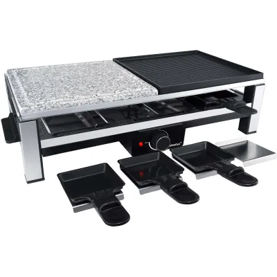 Steba Raclette RC 108 | 8 Pfännchen | Naturstein-Grillplatte 50x25 cm | 2000 W | Temperaturregler | Edelstahl