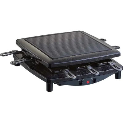 Steba Raclette RC 3 Plus | 8 Pfännchen | 26x26 cm Grillfläche | Naturstein & Wendegussplatte | 1450 W | schwarz