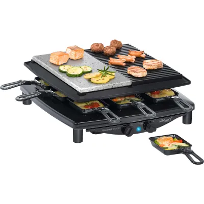 Steba Raclette RC 4 Plus | 8 Pfännchen | Grillfläche 29x29 cm | Gussplatte & Naturstein | stufenloser Regler | Schwarz