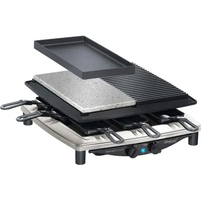 Steba Raclette RC 4 Plus Deluxe | 8 Pfännchen | Naturstein & Druckguss | 29x29cm | 1450W | Edelstahl/Schwarz