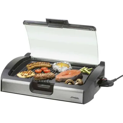 Steba Tischgrill VG200 | Elektrogrill | 2200 W | beschichtete Grillplatte | stufenlos regelbar | Glasdeckel | Edelstahl