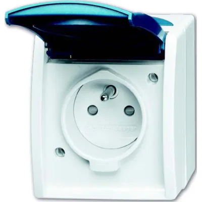Busch-Jaeger Schuko Steckdose | IP44 Aufputz | 16A 250V | Klappdeckel | ocean grau-blaugrün | Kunststoff