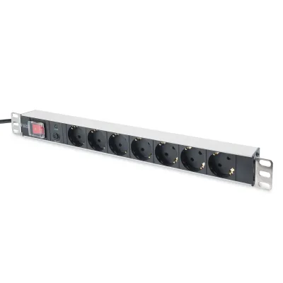 DIGITUS Steckdosenleiste DN-95403 | 19 Zoll 1HE Rackmount PDU | 7x Schutzkontakt | Aluminium | Überlastschutz | 2m Kabel