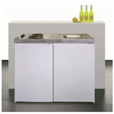 Stengel Miniküche ME 100 SO | Pantryküche mit Kühlschrank | 2 Kochplatten | Spüle rechts | 100x60 cm | Edelstahl | Weiß