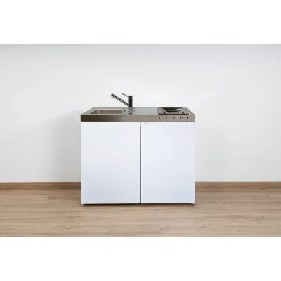 Stengel Miniküche Easyline ME100KSEKFreBli | 100 cm | 2 Kochplatten | Kühlschrank mit 2*-Gefrierfach | Edelstahl | Weiß