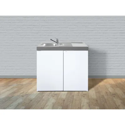 Stengel Miniküche Easyline ME100KSKSreBli | 100 cm | Kühlschrank mit Gefrierfach | Spüle links | Edelstahl | Weiß