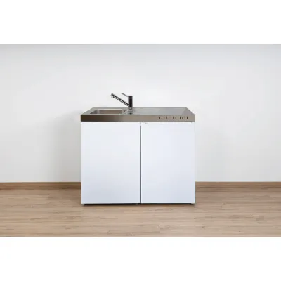 Stengel Miniküche Easyline ME100KSKSreBli | 100 cm | Kühlschrank 2*-Gefrierfach | Edelstahl-Pantry | Spüle links | Weiß