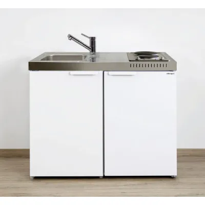 Stengel Miniküche Kitchenline MK100KSEKFreBli | 100 cm | Kühlschrank Gefrierfach | 2 Kochplatten | Spüle links | weiß