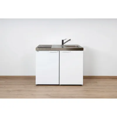 Stengel Miniküche MK100KSGKFliBre | 100 cm | Kühlschrank 4*-Gefrierfach | 2 Glaskeramik Kochfelder | Spüle rechts | Weiß