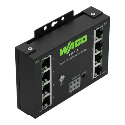 WAGO Industrial ECO Switch 852-112 | 8-Port 100Base-TX Ethernet | Hutschiene | Unmanaged | IP30 | Schwarz