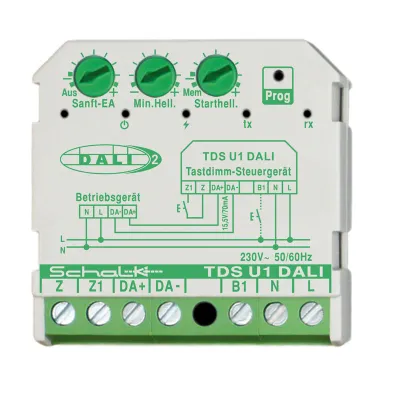 Schalk TDS U1 DALI Tastdimm-Steuergerät | DALI-2 | UP | 230V | integriertes Netzteil | 43x43x18mm | grün