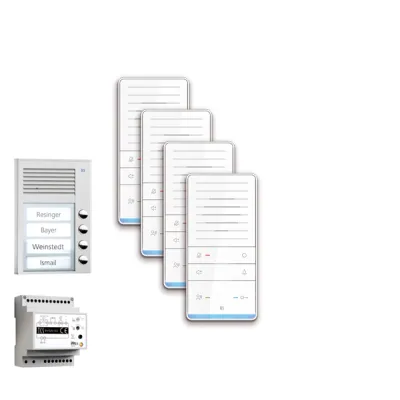 TCS Türsprechanlage Set PAAF041/001 | Audio Türsprechanlage Bus-System | 4 Wohneinheiten | Aufputz | Aluminium Silber