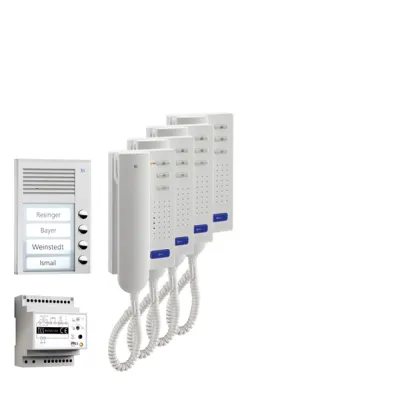 TCS Türsprechanlage | pre:pack4 PPA04-EN/02 | Audio-Set für 4 Wohneinheiten | Bus-System | Aufputz | silber/weiß