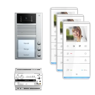 TCS Video-Türsprechanlage Set PVC2330-0010 | 3 Wohneinheiten | 2-Draht | Aufputz | Freisprecher | Silber/Weiß