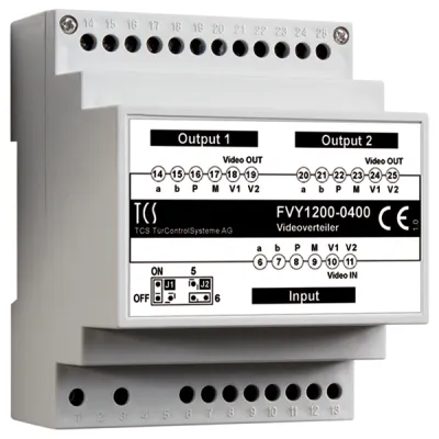 TCS Videosignalverteiler FVY1200-0400 VT02-SG | 2-fach Videoverteiler | für DIN-Hutschiene 4 TE | Bus-System | grau