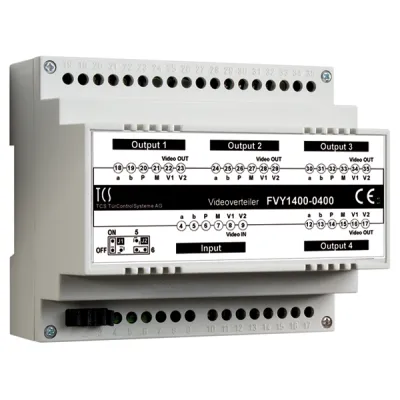 TCS Videosignalverteiler FVY1400-0400 VT04-SG | 4-fach Bus-Videoverteiler | Hutschiene 6 TE | DIN-Schiene | grau