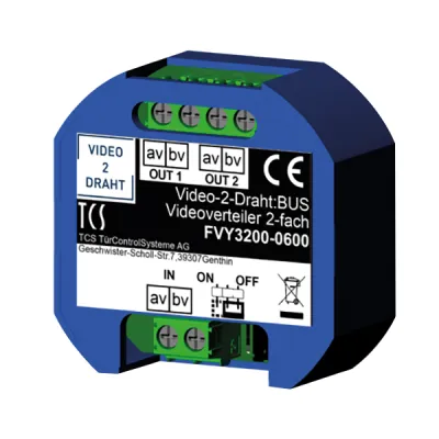 TCS Videoverteiler FVY3200-0600 | 2-fach | 2-Draht BUS | 1 Eingang 2 Ausgänge | Unterputz | Kunststoff blau | 52x52x23mm