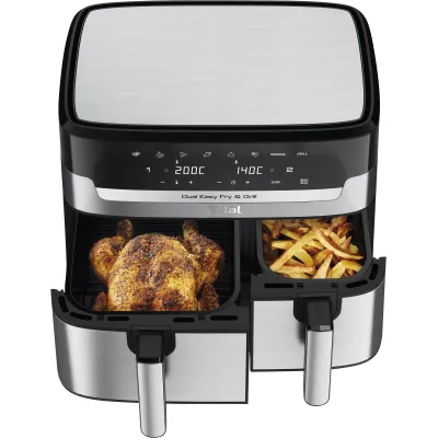 Tefal Doppel-Heißluftfritteuse EY905D | Dual Easy Fry & Grill | 8,3 l | 2 Körbe | 2.700 Watt | silber/schwarz