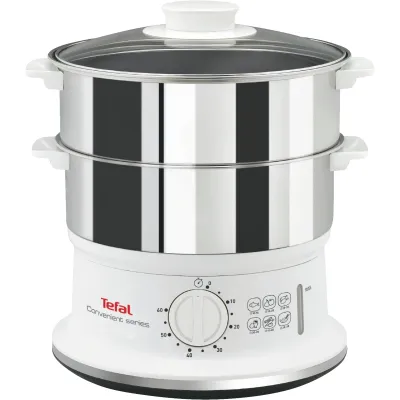 Tefal Dampfgarer VC1451 | 2 Edelstahl-Behälter | 6L Fassungsvermögen | 900W | Timer | stapelbar | weiß