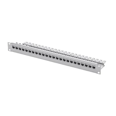 Telegärtner Patchpanel 19" 1HE J02023A0055 | 24 Port Cat6A geschirmt | RJ45 | IDC | Modulträger | grau RAL 7035